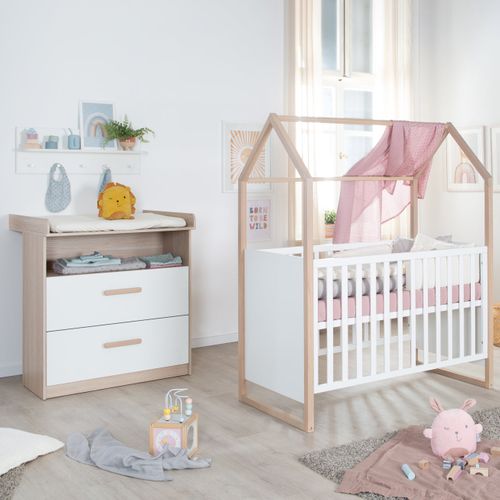 Chambre Bébé Modulable - Lit 60x120 Transformable + Commode à Langer - Blanc Et Chêne - Cabane