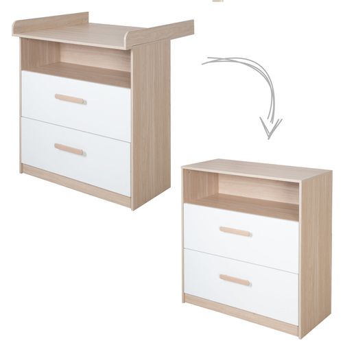 Chambre Bébé Modulable - Lit 60x120 Transformable + Commode à Langer - Blanc Et Chêne - Cabane