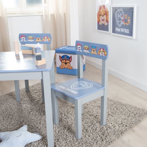 Ensemble Table + 2 Chaises Enfant En Bois Massif Laqué Bleu Gris Pat' Patrouille