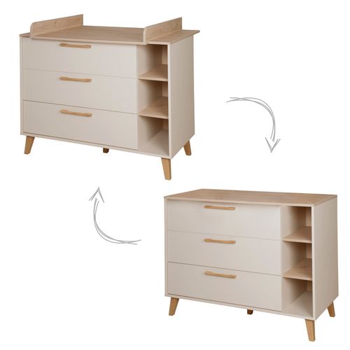 Commode à Langer Évolutive 3 Tiroirs 3 Niches En Cashmere Et Décor Châtaignier - Jil