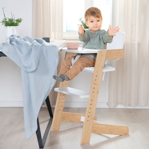 Chaise Haute Évolutive En Bambou Fsc® Avec Plateau Repas Nature Up - Blanc / Naturel