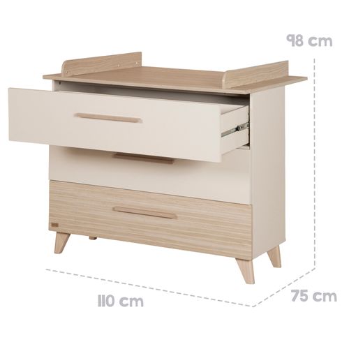 Commode à Langer Évolutive Sidney - 3 Tiroirs - Pieds Et Poignées En Bois Massif - Beige