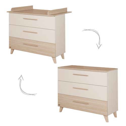 Commode à Langer Évolutive Sidney - 3 Tiroirs - Pieds Et Poignées En Bois Massif - Beige