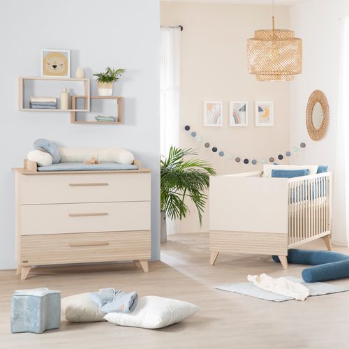 Chambre Bébé Trio Sidney - Lit Évolutif 70x140 + Commode à Langer + Armoire - Beige - Décor Chêne
