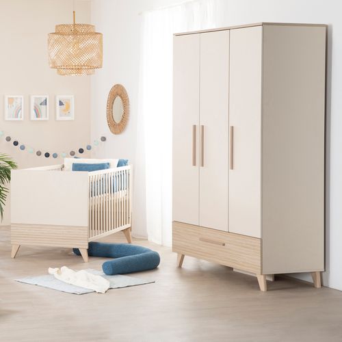 Chambre Bébé Trio Sidney - Lit Évolutif 70x140 + Commode à Langer + Armoire - Beige - Décor Chêne