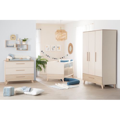 Chambre Bébé Trio Sidney - Lit Évolutif 70x140 + Commode à Langer + Armoire - Beige - Décor Chêne