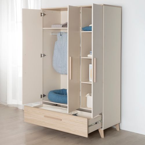 Chambre Bébé Trio Sidney - Lit Évolutif 70x140 + Commode à Langer + Armoire - Beige - Décor Chêne