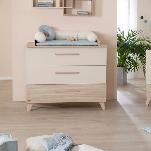 Chambre Bébé Duo Sidney - Lit Évolutif 70x140 + Commode à Langer - Beige - Décor Chêne