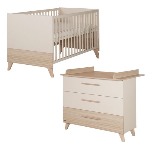 Chambre Bébé Duo Sidney - Lit Évolutif 70x140 + Commode à Langer - Beige - Décor Chêne