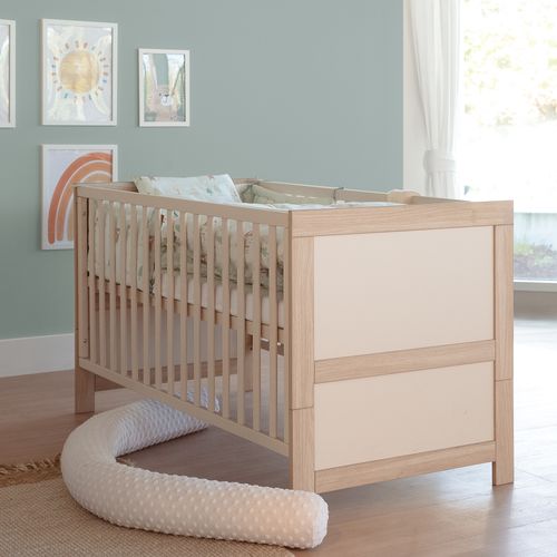 Chambre Bébé Complète - Armoire + Lit Évolutif 70x140 + Commode à Langer - Beige Et Chêne - Momo