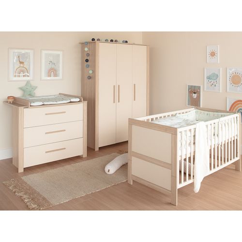 Chambre Bébé Complète - Armoire + Lit Évolutif 70x140 + Commode à Langer - Beige Et Chêne - Momo