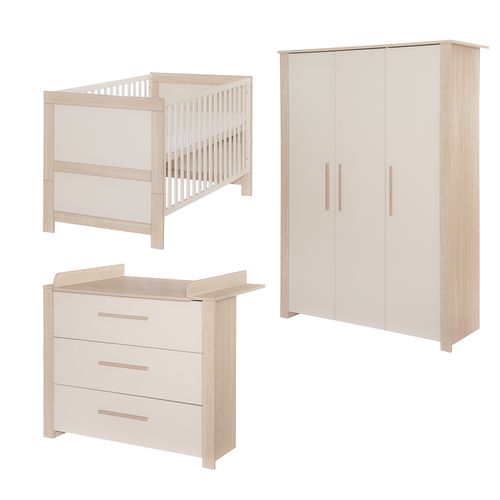 Chambre Bébé Complète - Armoire + Lit Évolutif 70x140 + Commode à Langer - Beige Et Chêne - Momo