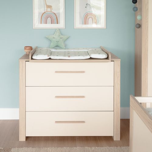 Chambre Bébé Évolutive - Lit 70x140 + Commode à Langer - Beige Et Chêne - Momo