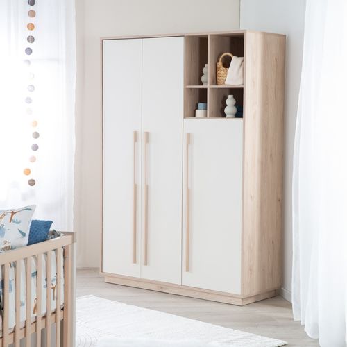 Armoire Enfant 3 Portes 4 Niches - Fermeture Douce - Cachemire Et Effet Noyer - Elva