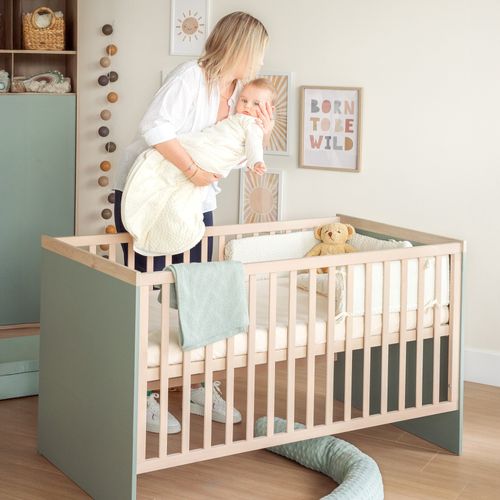 Lit Évolutif 70 X 140 Transformable En Lit Junior - 3 Hauteurs - Vert Sauge - Effet Noyer - Selva