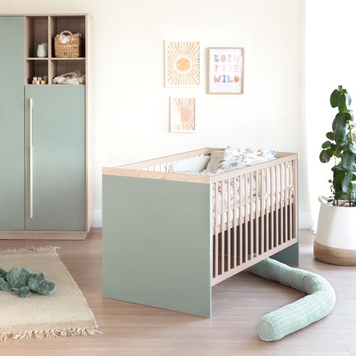 Lit Évolutif 70 X 140 Transformable En Lit Junior - 3 Hauteurs - Vert Sauge - Effet Noyer - Selva