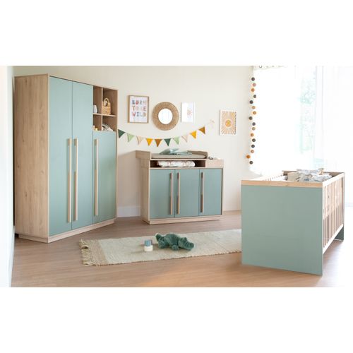 Lit Évolutif 70 X 140 Transformable En Lit Junior - 3 Hauteurs - Vert Sauge - Effet Noyer - Selva