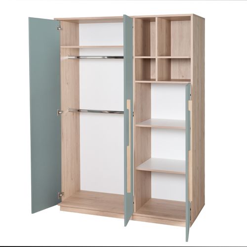 Armoire Enfant 3 Portes 4 Niches - Fermeture Douce - Vert Sauge Et Effet Noyer - Selva