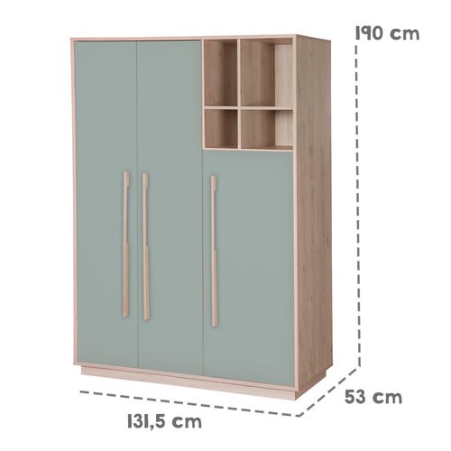 Armoire Enfant 3 Portes 4 Niches - Fermeture Douce - Vert Sauge Et Effet Noyer - Selva