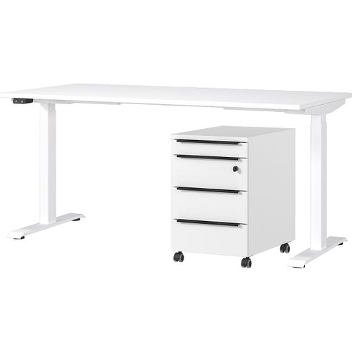 Bureau Et Caisson-tiroirs Avec Serrure Hermoso - 217x80x72-118cm - Réglable Électriquement - Blanc