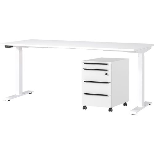 Bureau Et Caisson-tiroirs Avec Serrure Hermoso - 237x80x72-118cm - Réglable Électriquement - Blanc