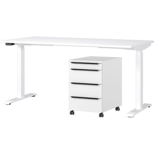 Bureau Et Caisson-tiroirs Hermoso - 217x80x72-118cm - Réglable Électriquement - Blanc