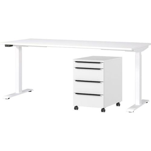 Bureau Et Caisson-tiroirs Hermoso - 237x80x72-118cm - Réglable Électriquement - Blanc