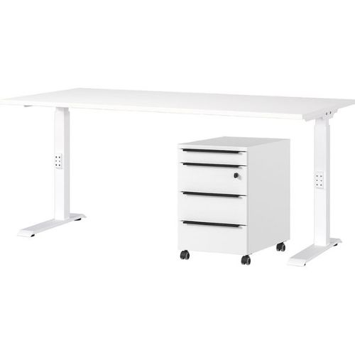 Bureau Et Caisson-tiroirs Avec Serrure Hermoso - 217x80x71-91cm - Réglable Manuellement - Blanc