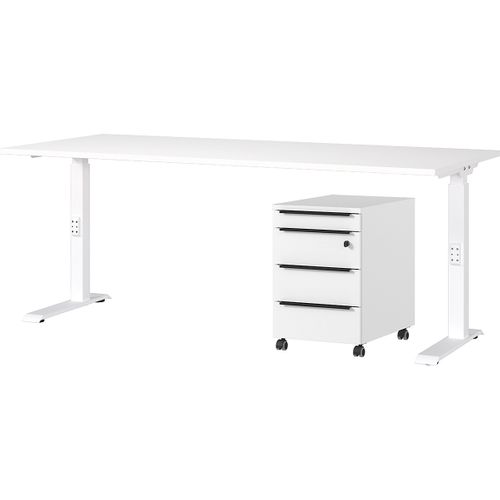 Bureau Et Caisson-tiroirs Avec Serrure Hermoso - 237x80x71-91cm - Réglable Manuellement - Blanc