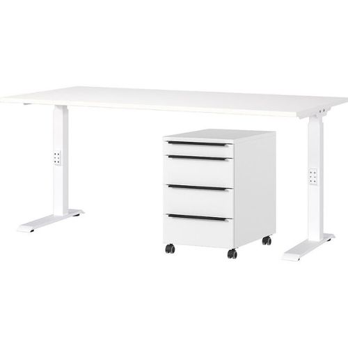Bureau Et Caisson-tiroirs Hermoso - 217x80x71-91cm - Réglable Manuellement - Blanc