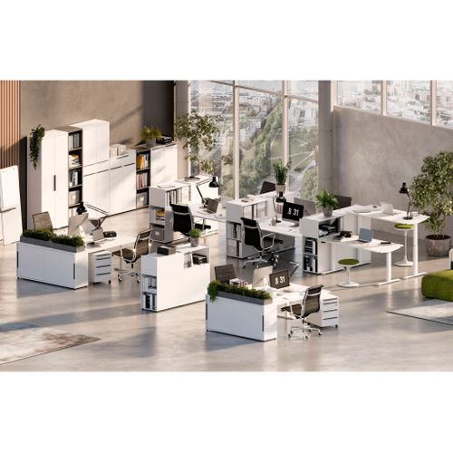 Bureau Et Caisson-tiroirs Hermoso - 237x80x71-91cm - Réglable Manuellement - Blanc