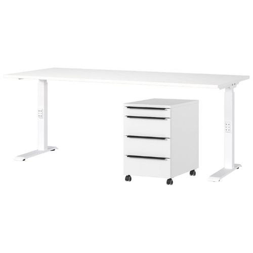 Bureau Et Caisson-tiroirs Hermoso - 237x80x71-91cm - Réglable Manuellement - Blanc
