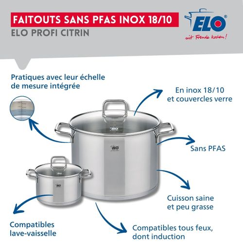 Ensemble De 3 Poêles De Cuisson 24, 28 Et 32 Cm Et 2 Faitouts 14 Et 26 Cm Elo Profi Citrin