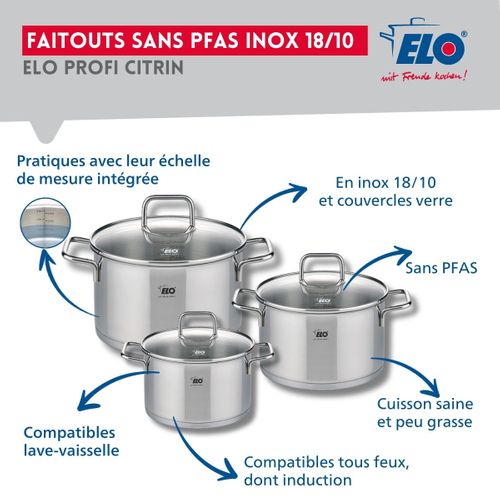Ensemble De 3 Poêles De Cuisson 24, 28 Et 32 Cm Et 3 Faitouts 14, 16 Et 20 Cm Elo Profi Citrin