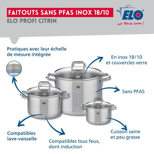 Ensemble De 3 Poêles De Cuisson 24, 28 Et 32 Cm Et 3 Faitouts 14, 20 Et 26 Cm Elo Profi Citrin