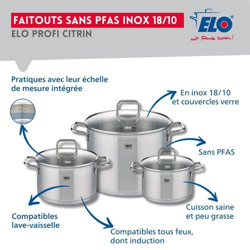 Ensemble De 3 Poêles De Cuisson 24, 28 Et 32 Cm Et 3 Faitouts 16, 20 Et 26 Cm Elo Profi Citrin