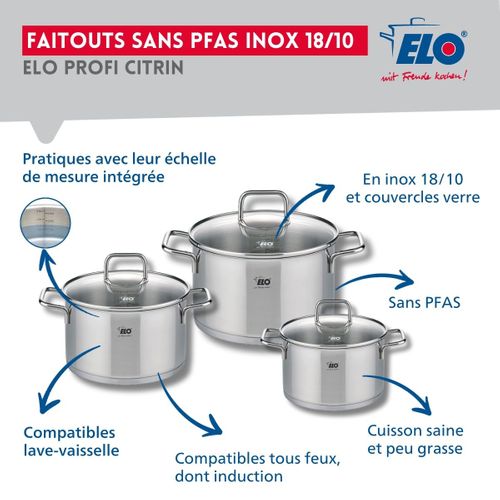 Ensemble De 1 Poêle De Cuisson 32 Cm Et 3 Faitouts 12, 14 Et 16 Cm Elo Profi Citrin