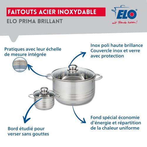 Ensemble De 3 Poêles De Cuisson 20, 24 Et 28 Cm Et 2 Faitouts 12 Et 24 Cm Elo Prima Brillant