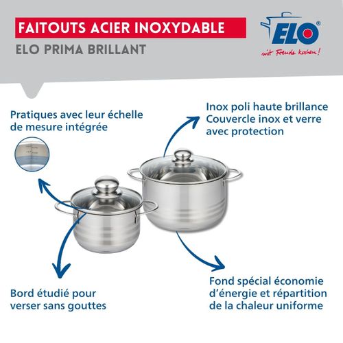 Ensemble De 3 Poêles De Cuisson 20, 24 Et 28 Cm Et 2 Faitouts 16 Et 20 Cm Elo Prima Brillant