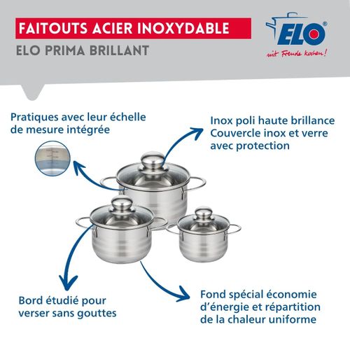 Ensemble De 3 Poêles De Cuisson 20, 24 Et 28 Cm Et 3 Faitouts 12, 14 Et 16 Cm Elo Prima Brillant