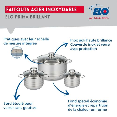 Ensemble De 3 Poêles De Cuisson 20, 24 Et 28 Cm Et 3 Faitouts 12, 14 Et 20 Cm Elo Prima Brillant