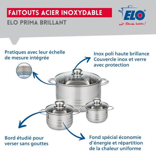Ensemble De 3 Poêles De Cuisson 20, 24 Et 28 Cm Et 3 Faitouts 12, 14 Et 24 Cm Elo Prima Brillant