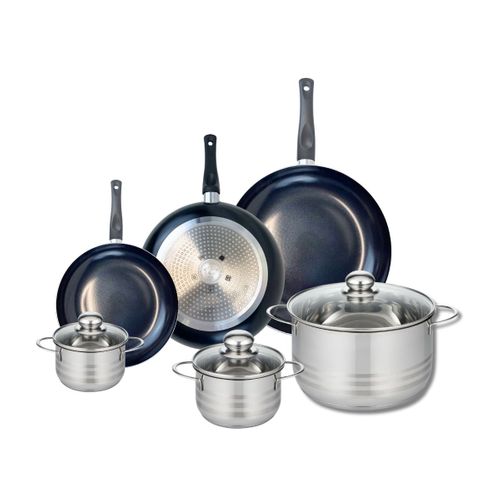 Ensemble De 3 Poêles De Cuisson 20, 24 Et 28 Cm Et 3 Faitouts 12, 14 Et 24 Cm Elo Prima Brillant