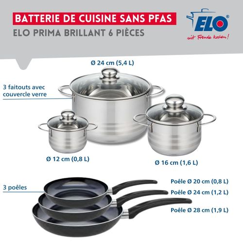 Ensemble De 3 Poêles De Cuisson 20, 24 Et 28 Cm Et 3 Faitouts 12, 16 Et 24 Cm Elo Prima Brillant