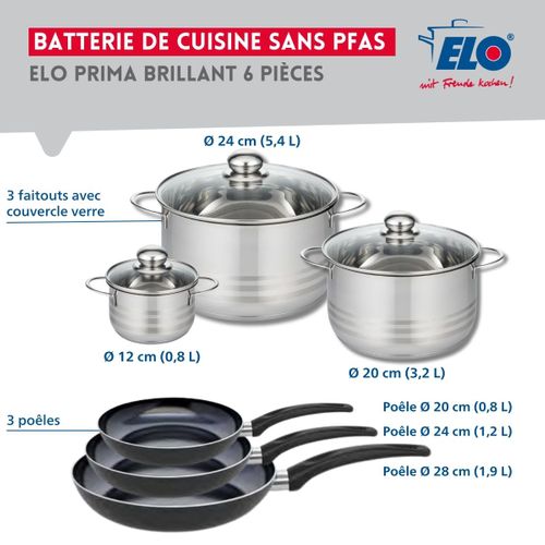 Ensemble De 3 Poêles De Cuisson 20, 24 Et 28 Cm Et 3 Faitouts 12, 20 Et 24 Cm Elo Prima Brillant