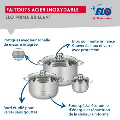 Ensemble De 3 Poêles De Cuisson 20, 24 Et 28 Cm Et 3 Faitouts 12, 20 Et 24 Cm Elo Prima Brillant