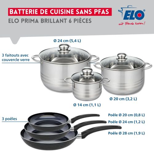 Ensemble De 3 Poêles De Cuisson 20, 24 Et 28 Cm Et 3 Faitouts 14, 20 Et 24 Cm Elo Prima Brillant
