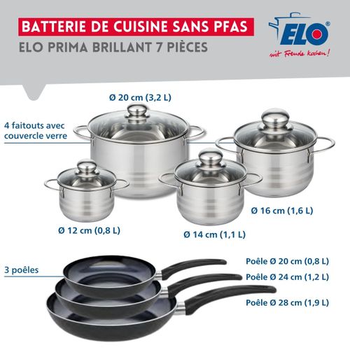 Ensemble De 3 Poêles De Cuisson 20, 24 Et 28 Cm Et 4 Faitouts 12, 14, 16 Et 20 Cm Elo Prima Brillant