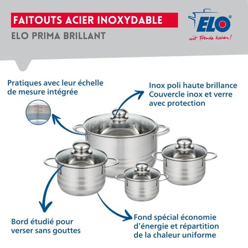 Ensemble De 3 Poêles De Cuisson 20, 24 Et 28 Cm Et 4 Faitouts 12, 14, 16 Et 24 Cm Elo Prima Brillant