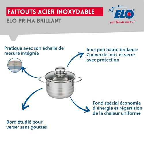 Ensemble De 3 Poêles De Cuisson 20, 24 Et 32 Cm Et 1 Faitout 16 Cm Elo Prima Brillant